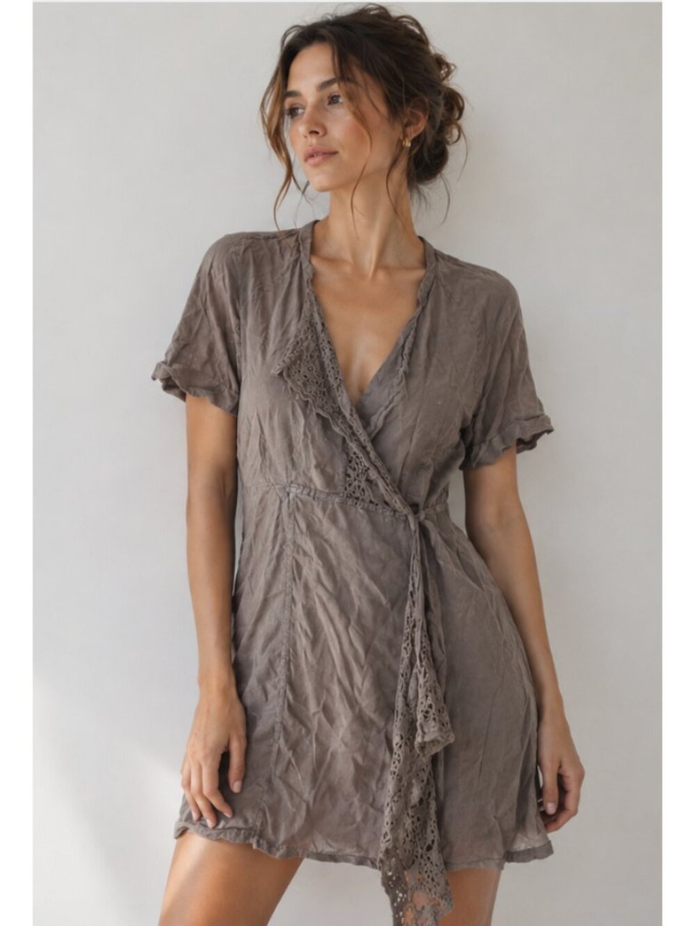 120% LINO 100% Linen Eyelet Wrap Style Dress Taupe Medium Lagenlook Minimalist